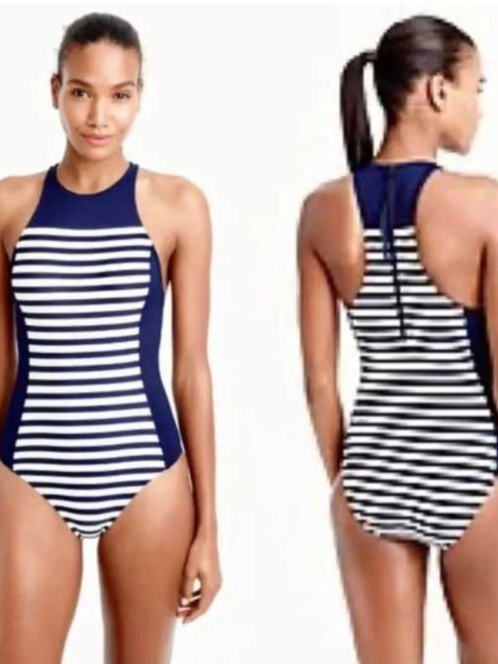 New 4 J.Crew high neck zip-back one piece swimsuit bathing suit in stripe